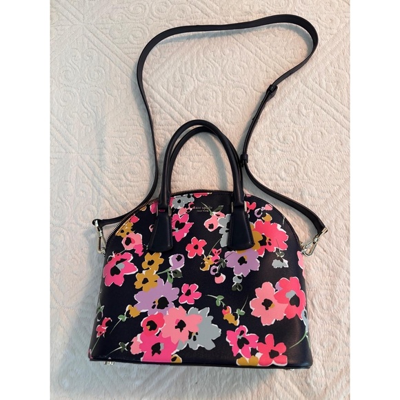 Kate Spade New York Womens Black Floral Dome Satchel Crossbody Designer Handbag - Picture 1 of 10
